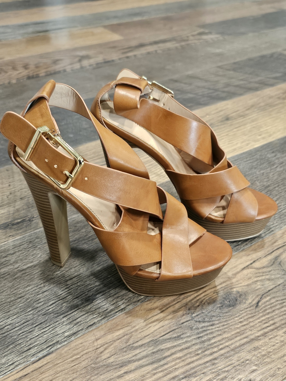 Express Women's Light Brown Platform Sandals with Gold Buckle